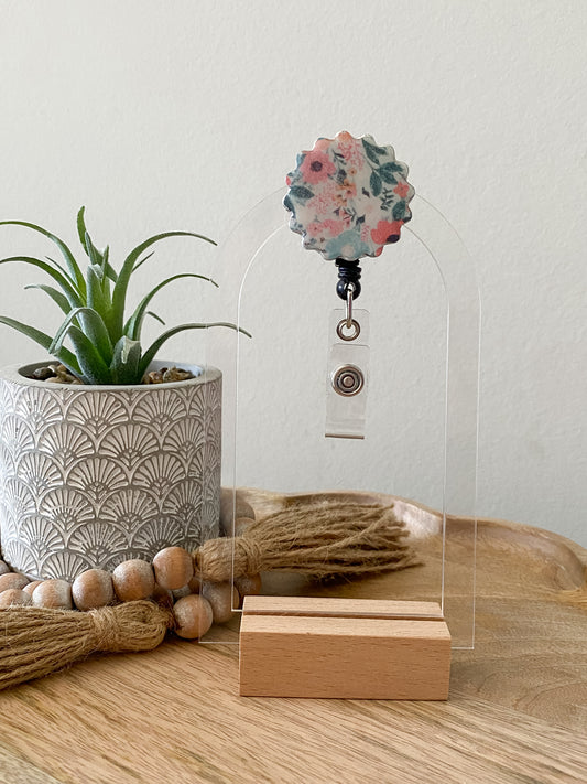 Blue & pink floral print handmade poylmer clay badge reel