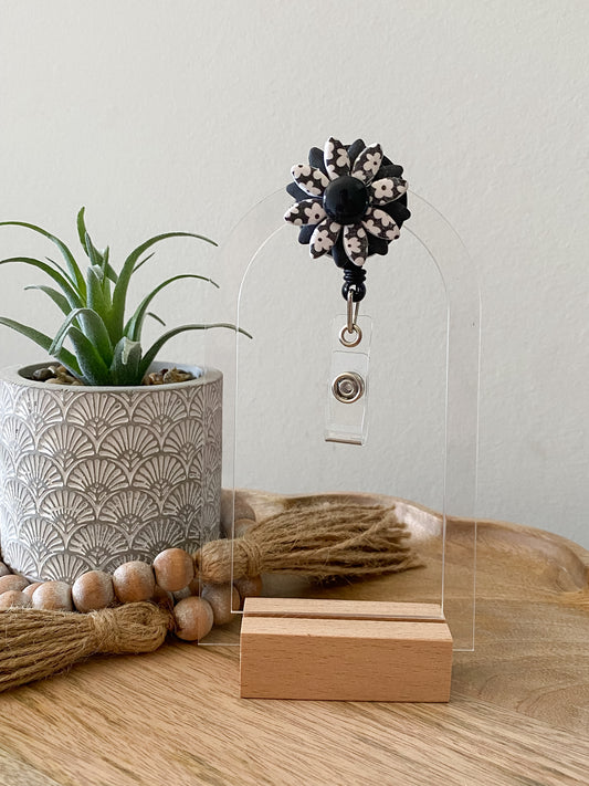 Black and white print daisy handmade polymer clay badge reel
