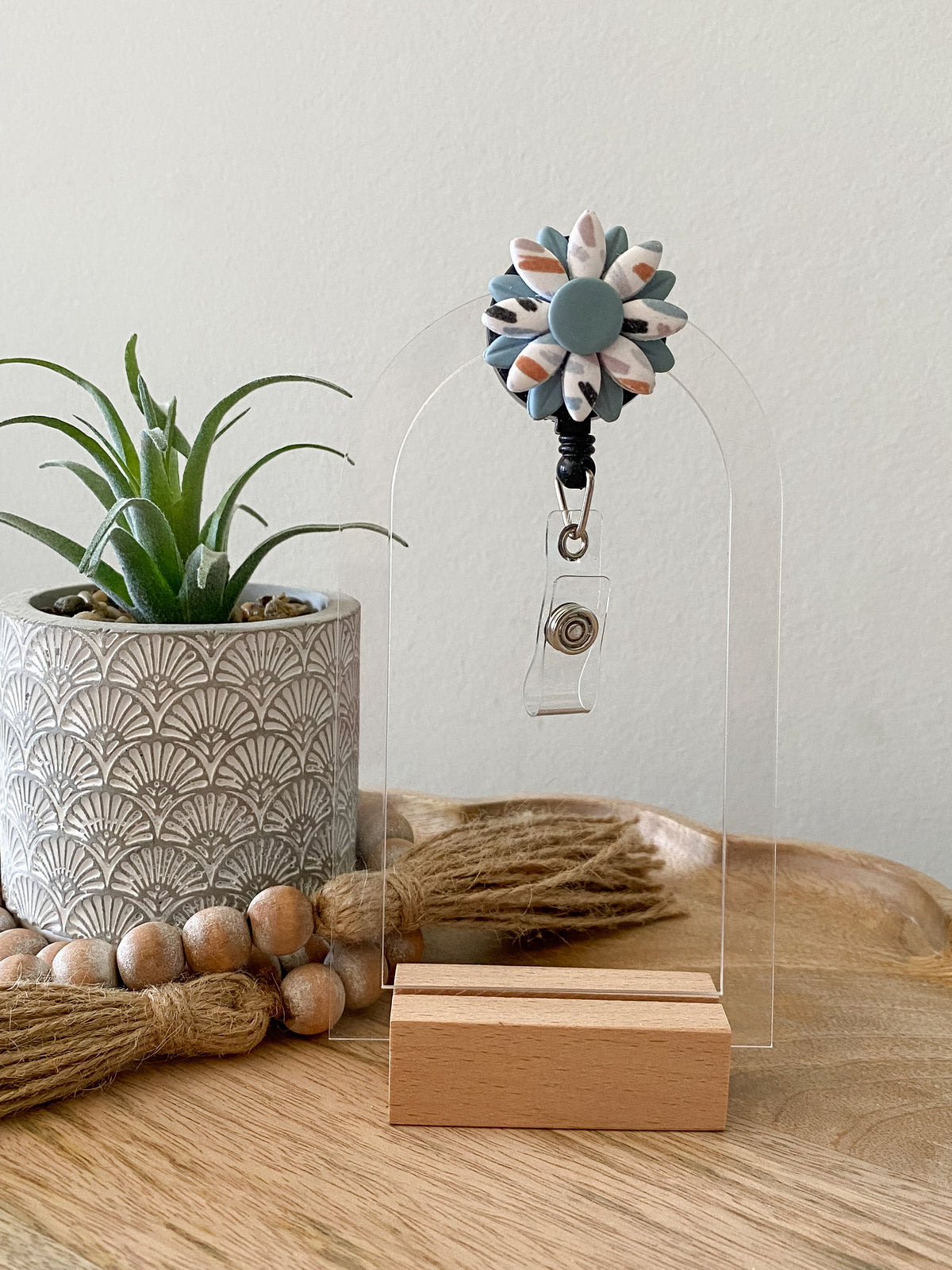 Blue & retro print handmade polymer clay badge reel