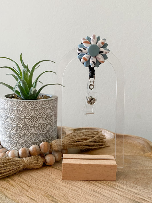 Blue & retro print handmade polymer clay badge reel