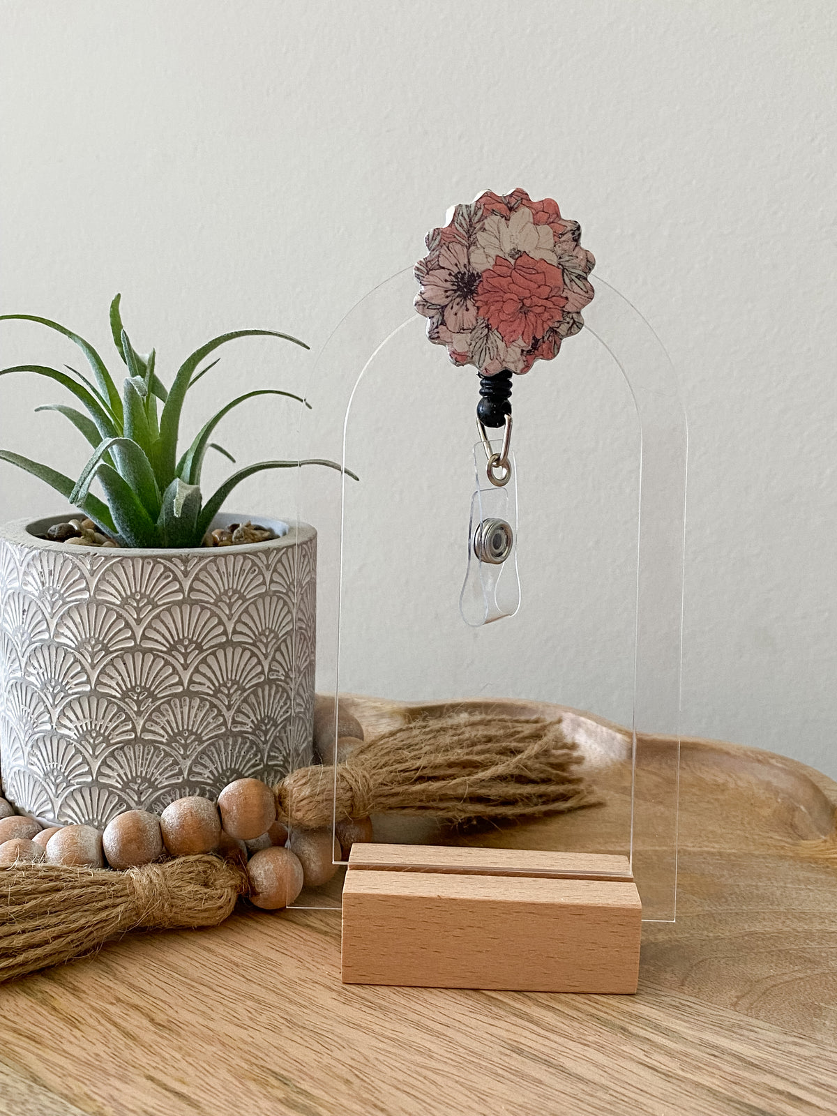 Red & pink floral handmade polymer clay badge reel