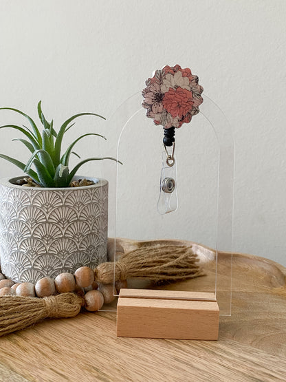 Red & pink floral handmade polymer clay badge reel