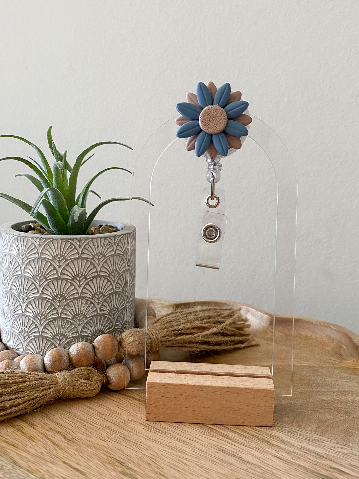 Dark Blue & tan handmade polymer clay badge reel