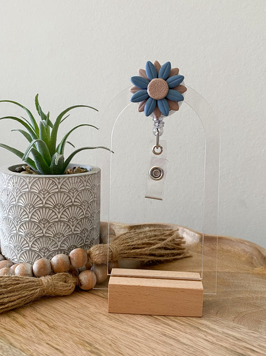 Dark Blue & tan handmade polymer clay badge reel