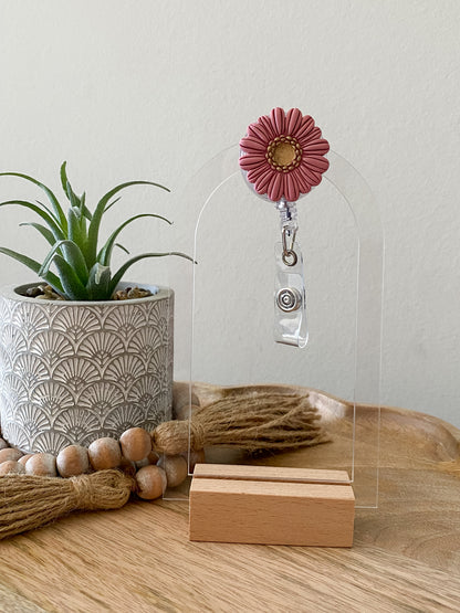 Pink Gerbera Daisy handmade polymer clay badge reel