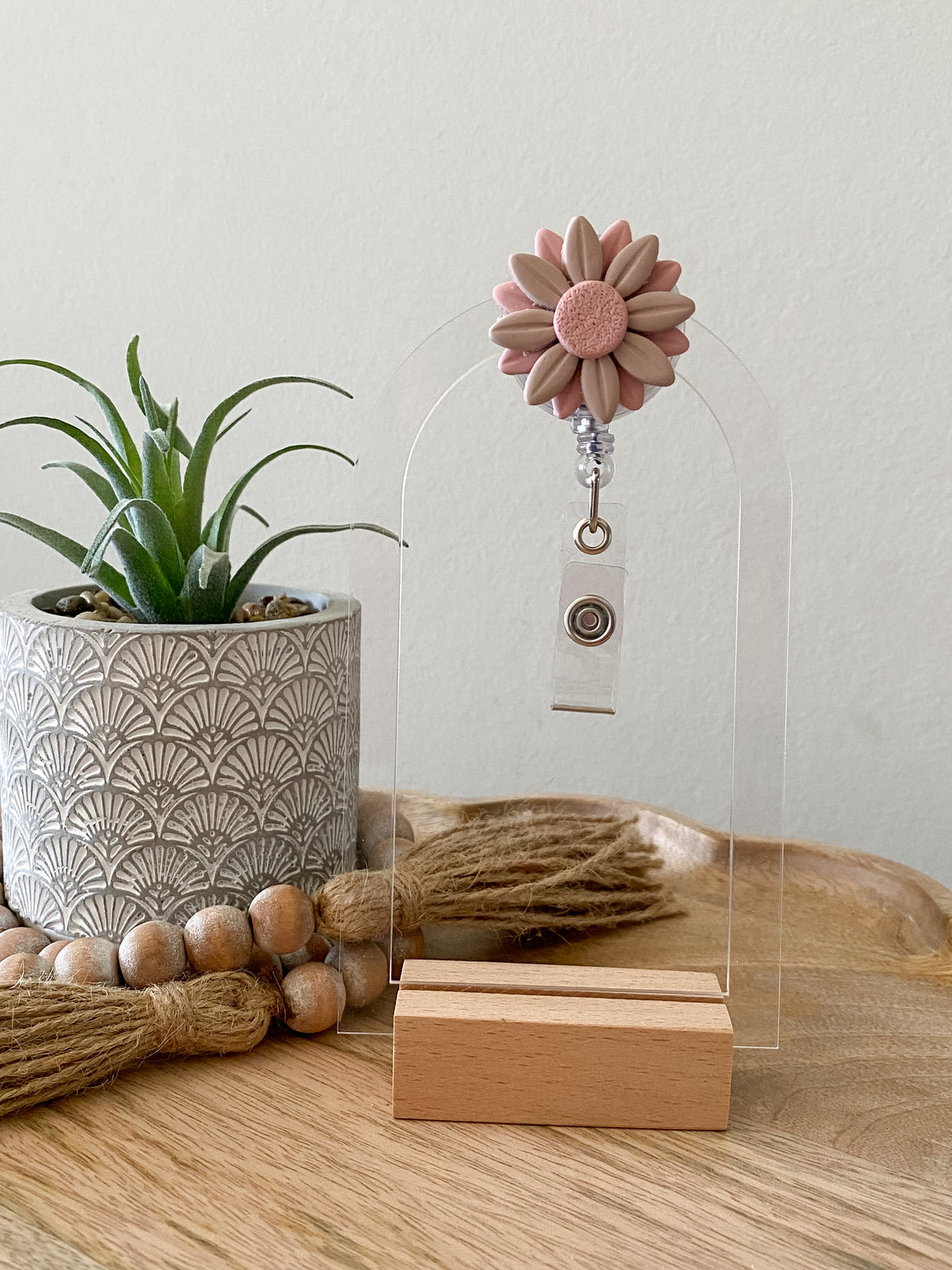 Tan & Pink handmade polymer clay badge reel