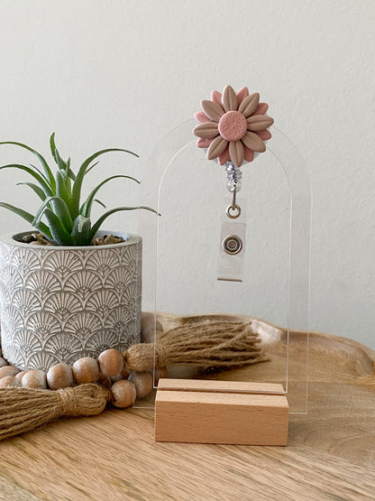 Tan & Pink handmade polymer clay badge reel