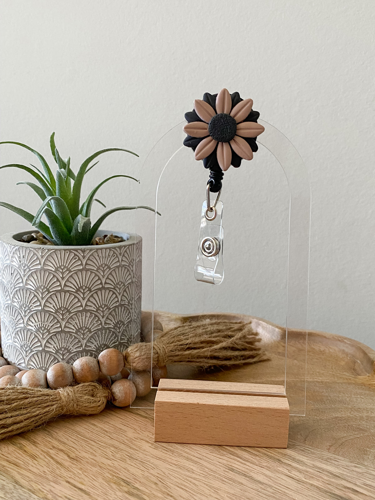 Tan & black handmade polymer clay badge reel