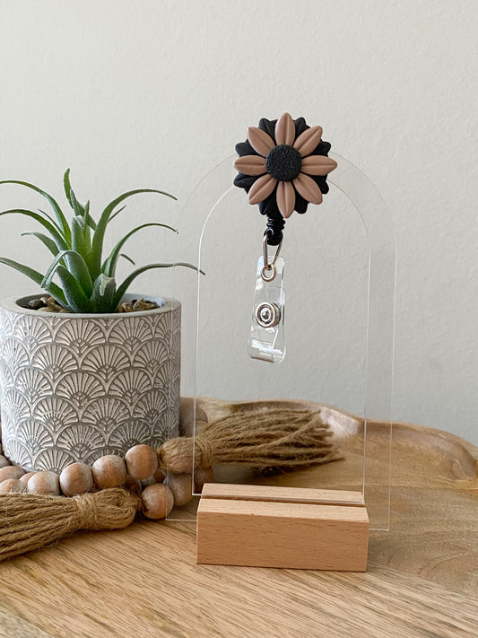 Tan & black handmade polymer clay badge reel