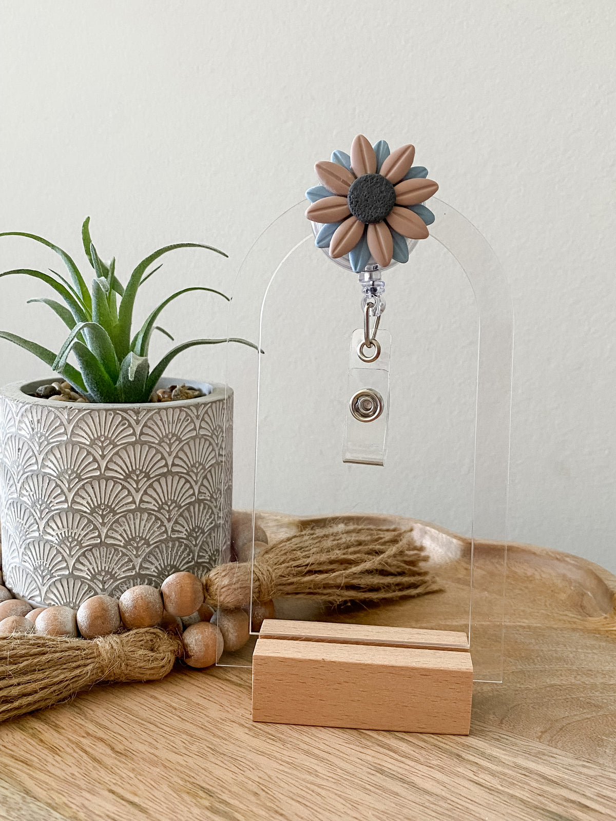 Tan & Light Blue handmade polymer clay badge reel