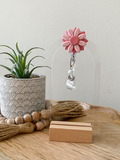 Pink handmade polymer clay badge reel