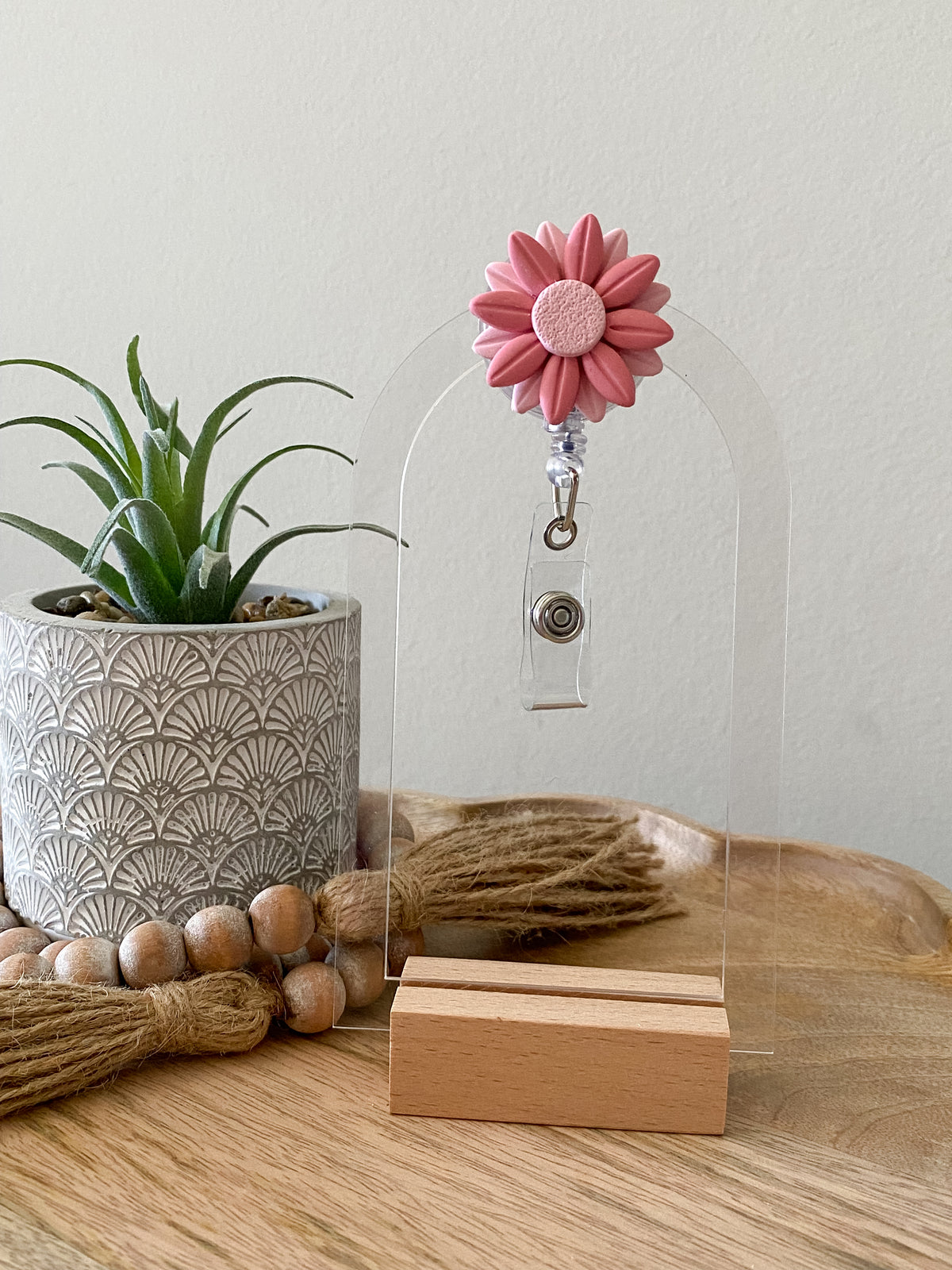 Pink handmade polymer clay badge reel