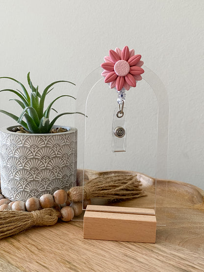 Pink handmade polymer clay badge reel