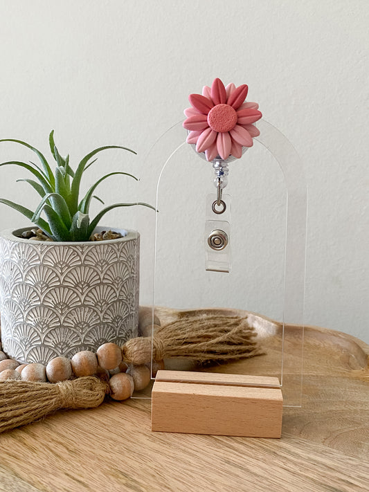 Pink ombrè polymer clay badge reel