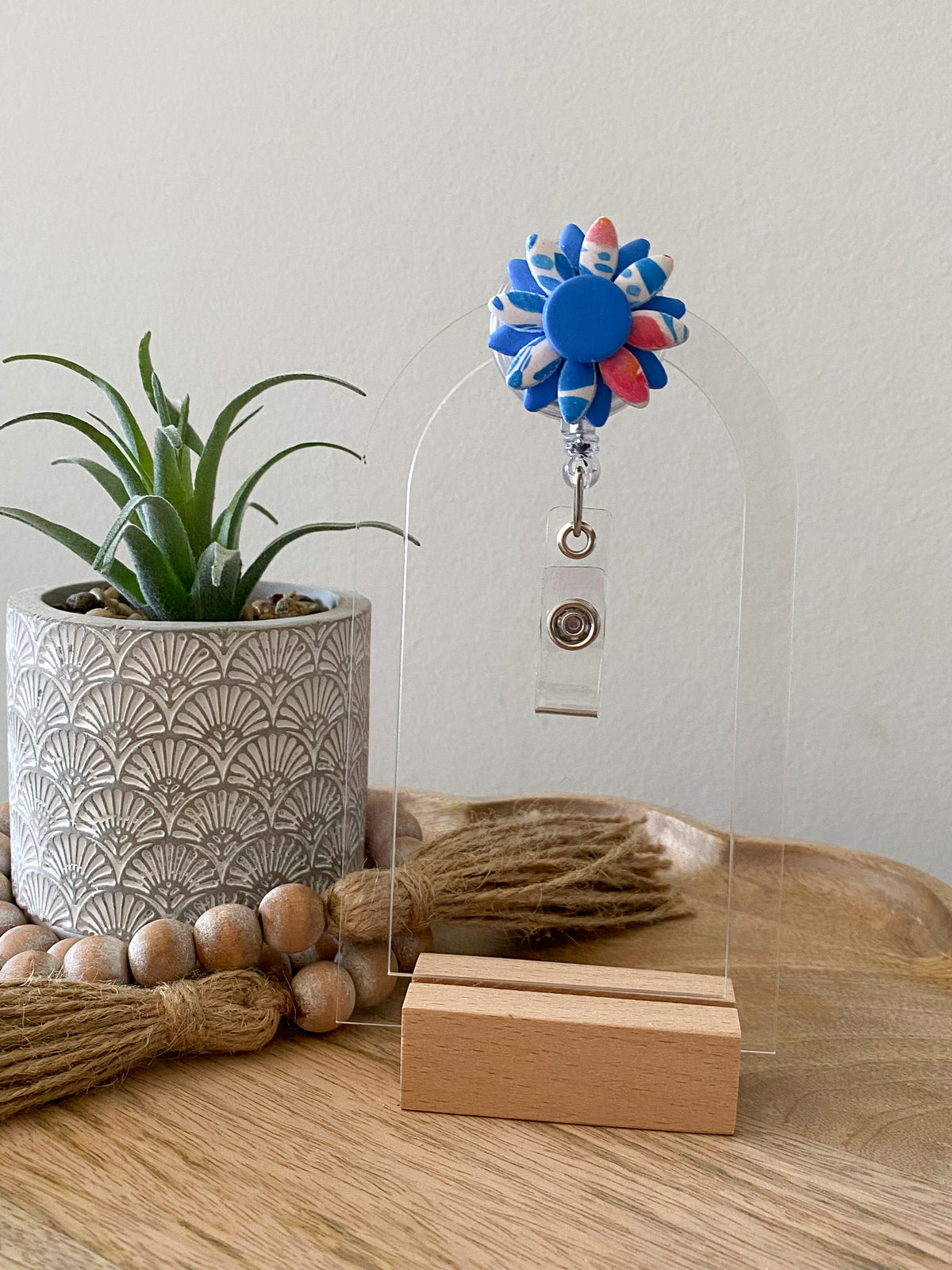 Blue and red floral layered daisy handmade polymer clay badge reel