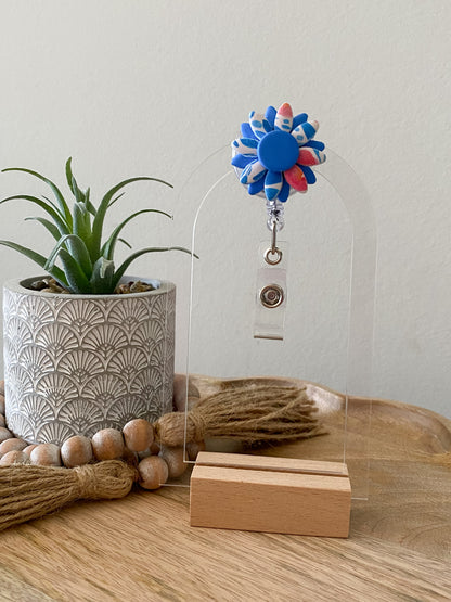 Blue and red floral layered daisy handmade polymer clay badge reel
