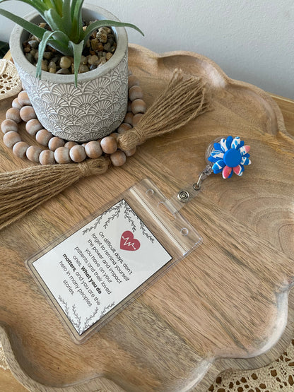 Blue and red floral layered daisy handmade polymer clay badge reel