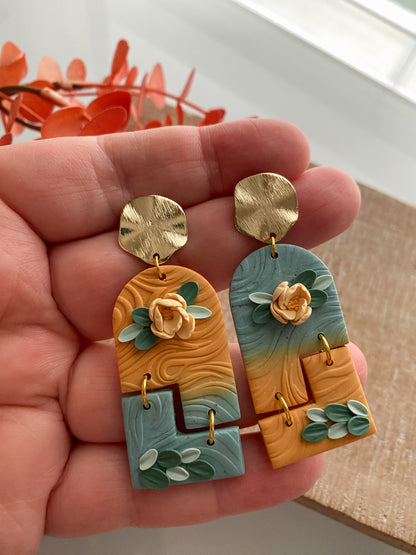 Orange and blue ombre floral interlocking earrings