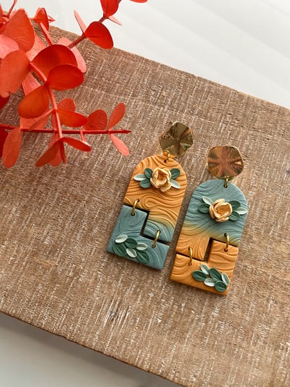 Orange and blue ombre floral interlocking earrings