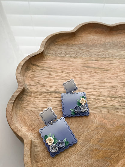 Blue ombre floral polymer clay earrings