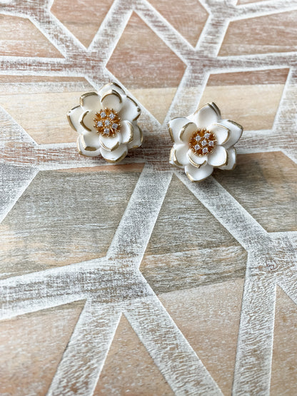 White and gold poinsettia handmade polymer clay stud earrings