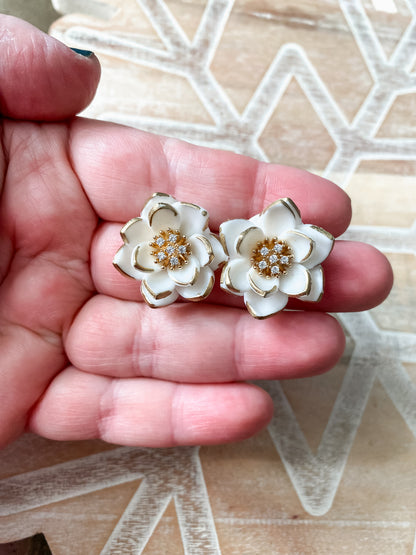 White and gold poinsettia handmade polymer clay stud earrings
