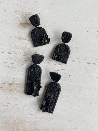 Black handmade floral polymer clay earrings