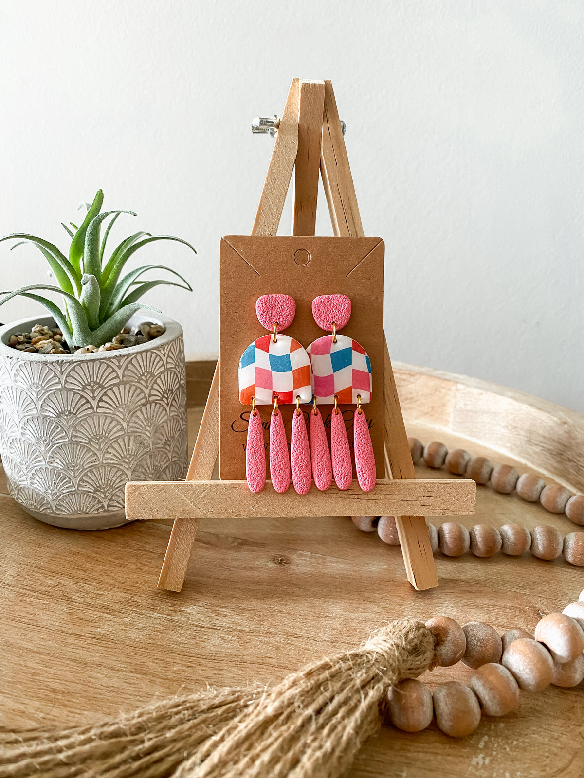 Colorful checkered handmade polymer clay earring collection