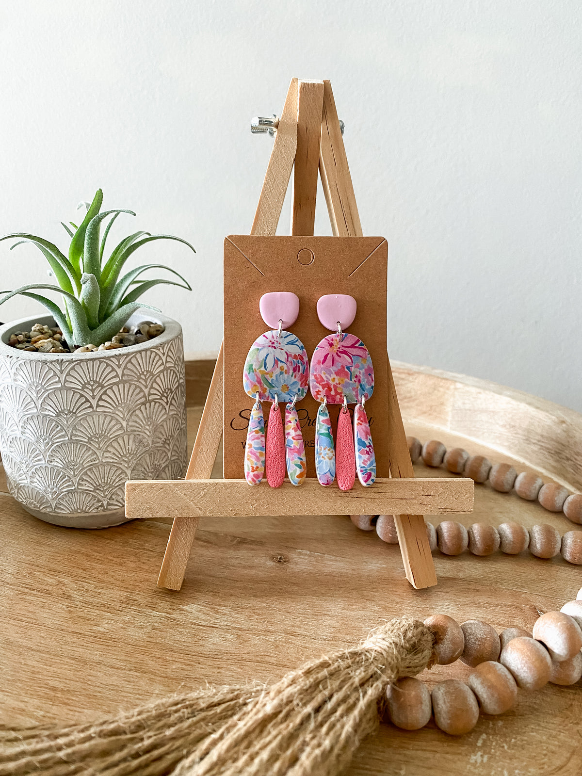 Pink & blue floral print handmade polymer clay earring collection