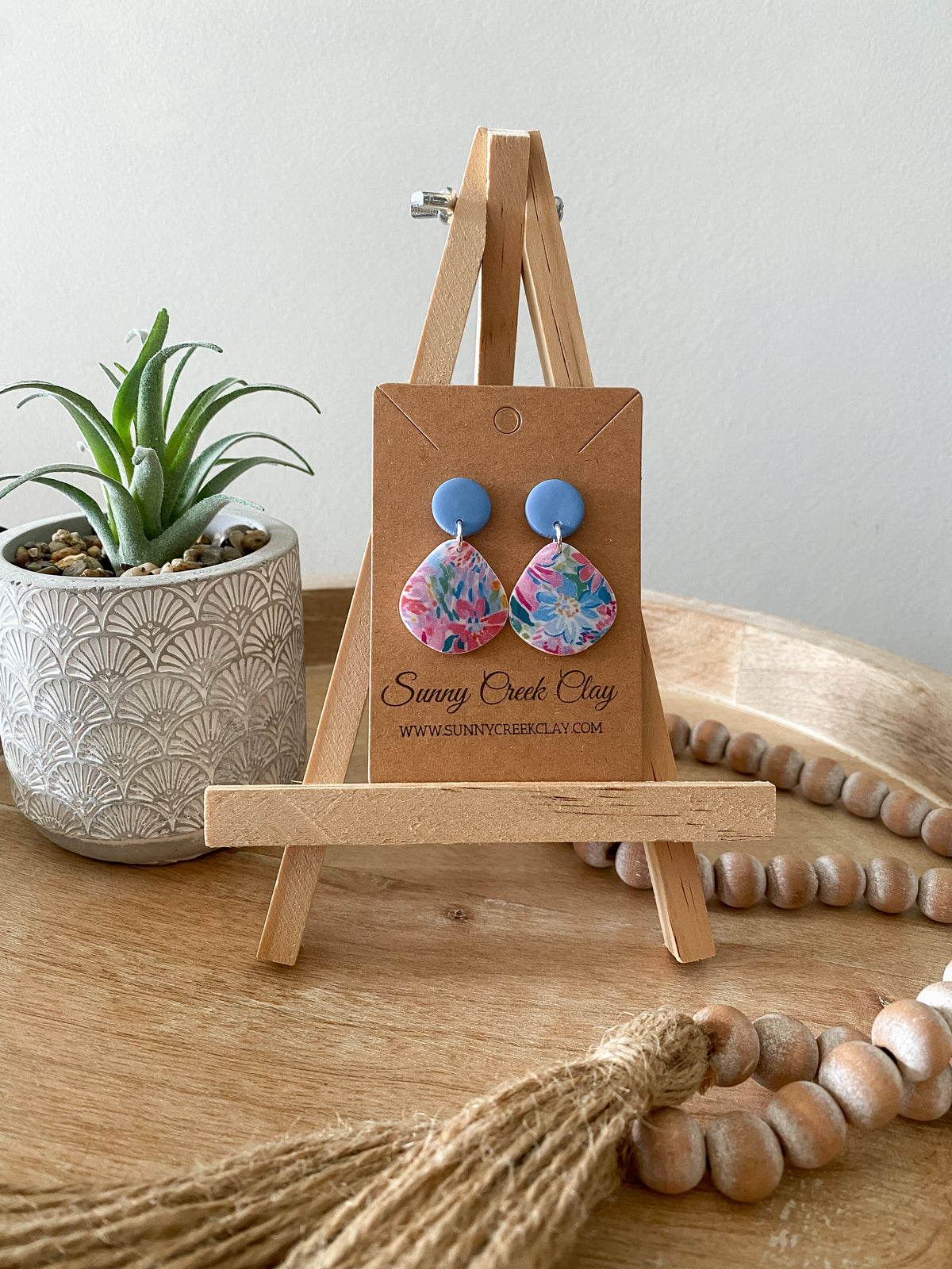 Pink & blue floral print handmade polymer clay earring collection