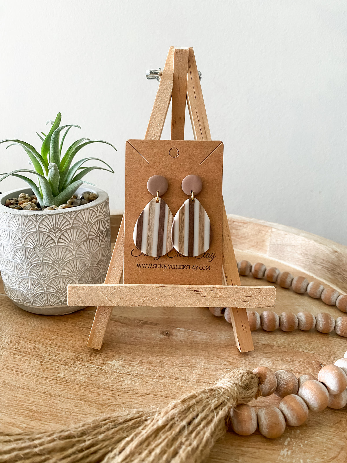 Brown striped walnut teardrop dangle earrings
