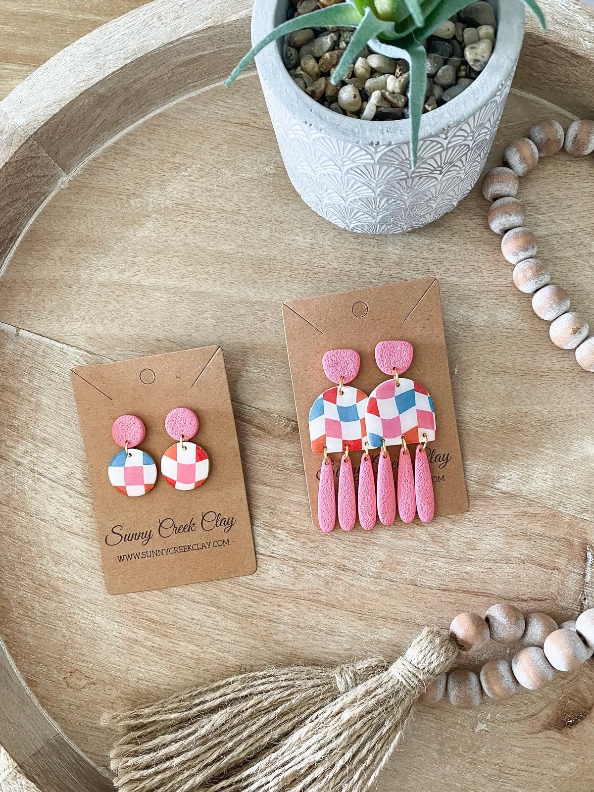 Colorful checkered handmade polymer clay earring collection