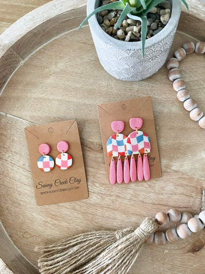 Colorful checkered handmade polymer clay earring collection