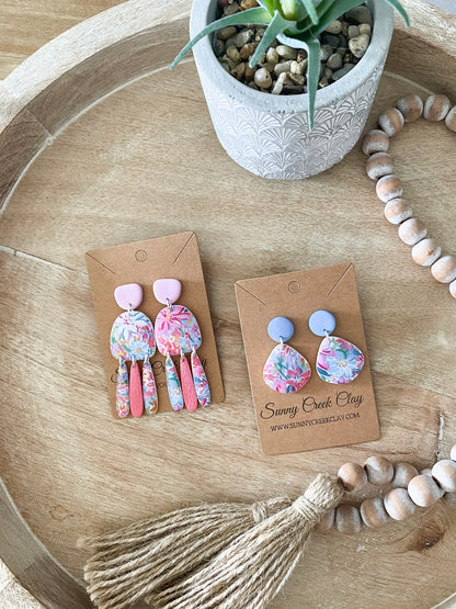 Pink & blue floral print handmade polymer clay earring collection