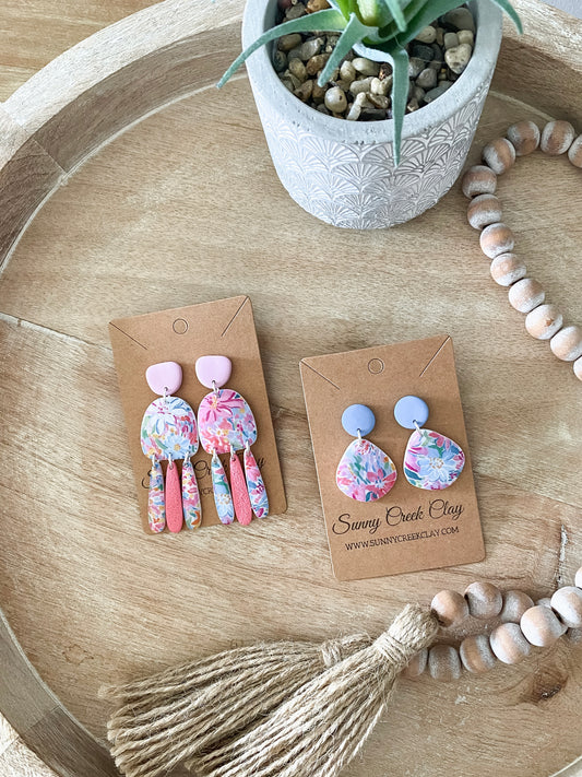 Pink & blue floral print handmade polymer clay earring collection