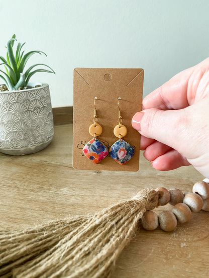 Deep floral print handmade polymer clay earrings (two styles available)