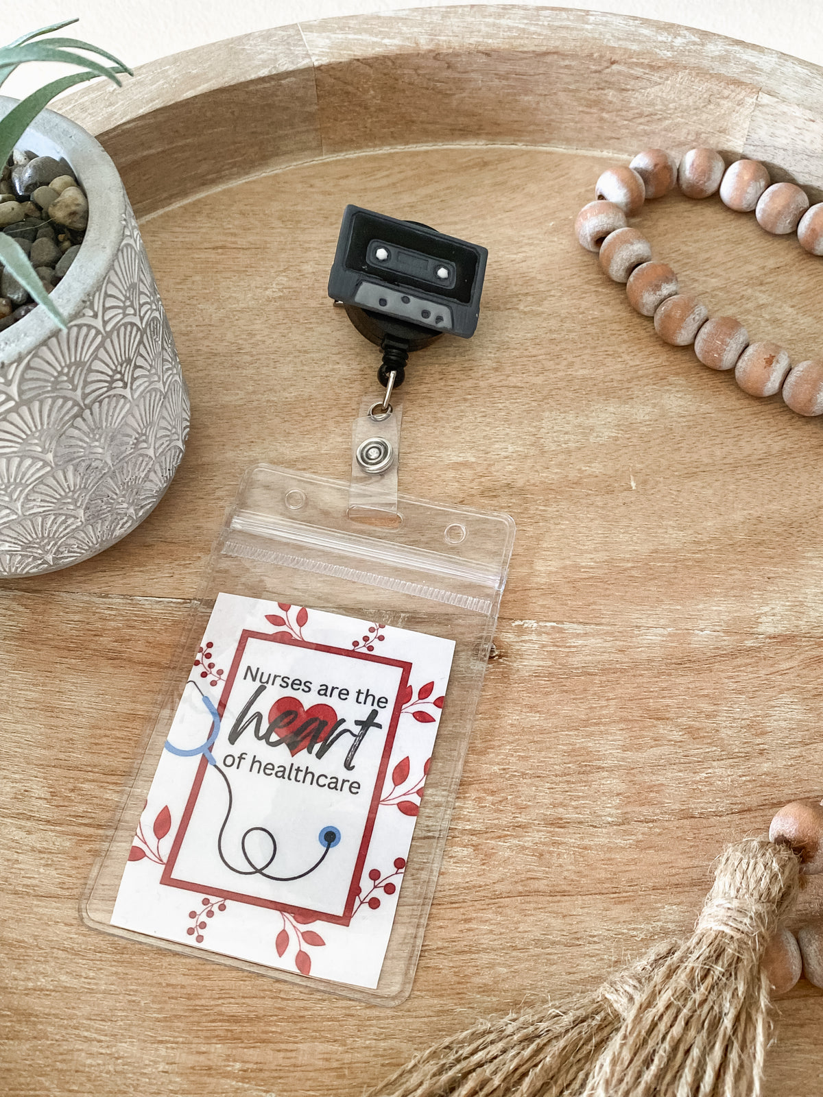 Grey & black cassette tape handmade polymer clay badge reel