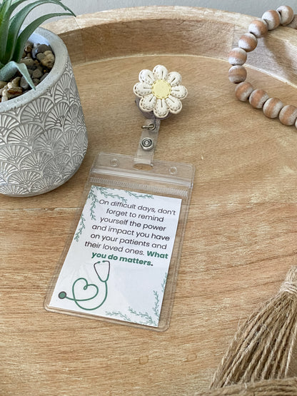 Soft white & tan stitched flower handmade poylmer clay badge reel