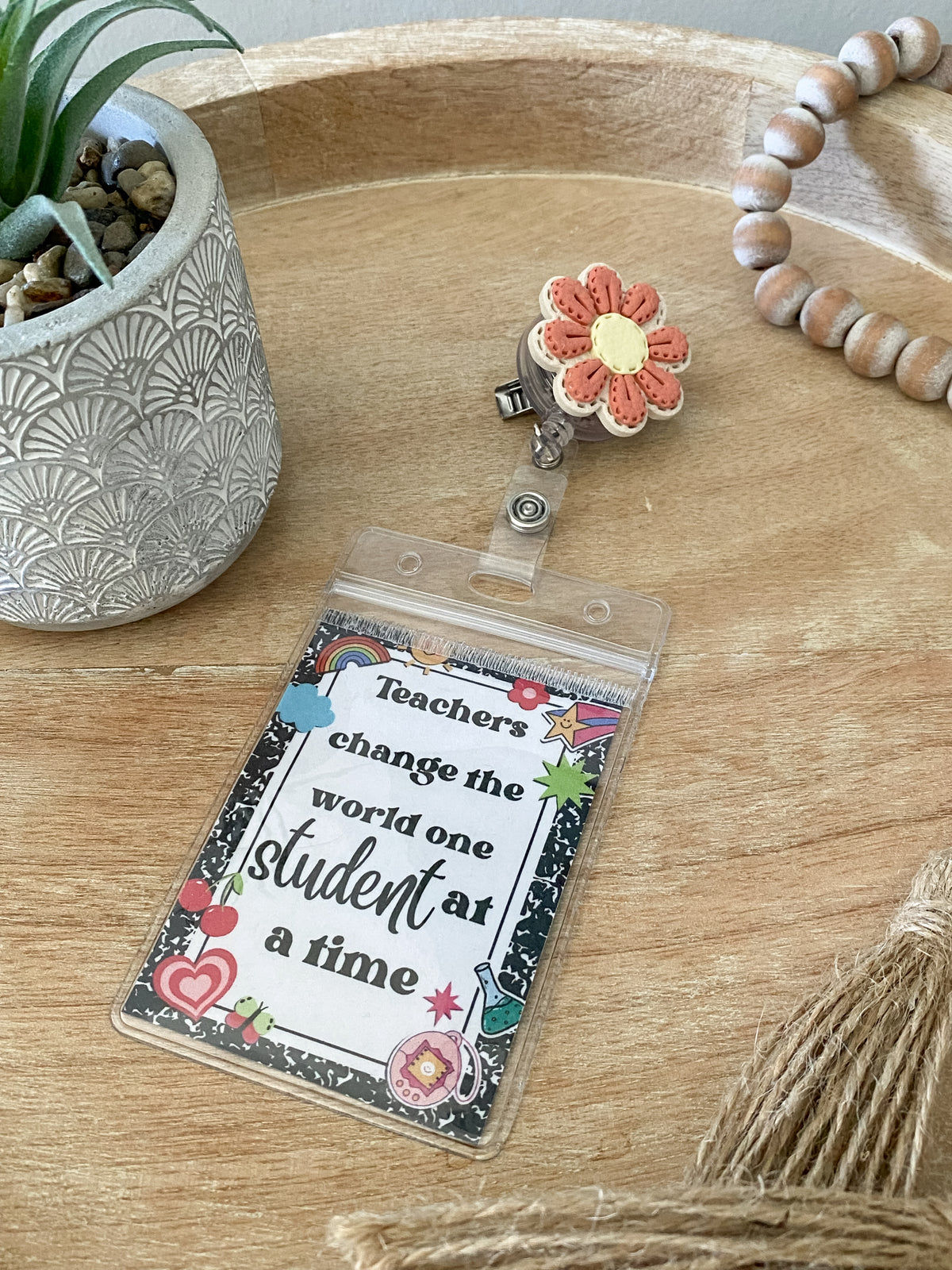 Soft white & orange stitched flower handmade poylmer clay badge reel