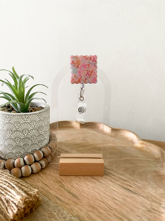 Soft pink back to school print handmade polymer clay badge reel