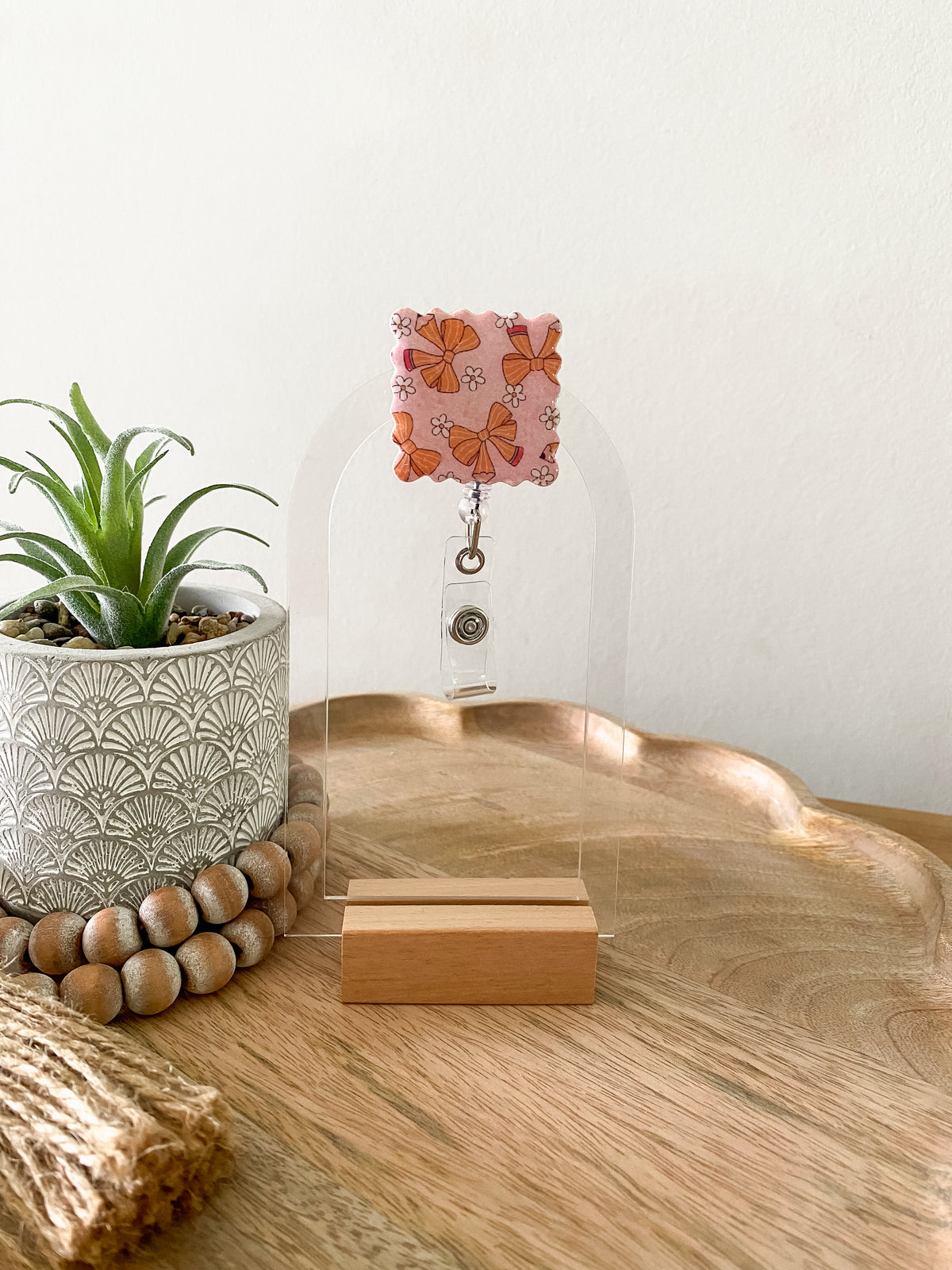 Pink pencil bow square handmade polymer clay badge reel