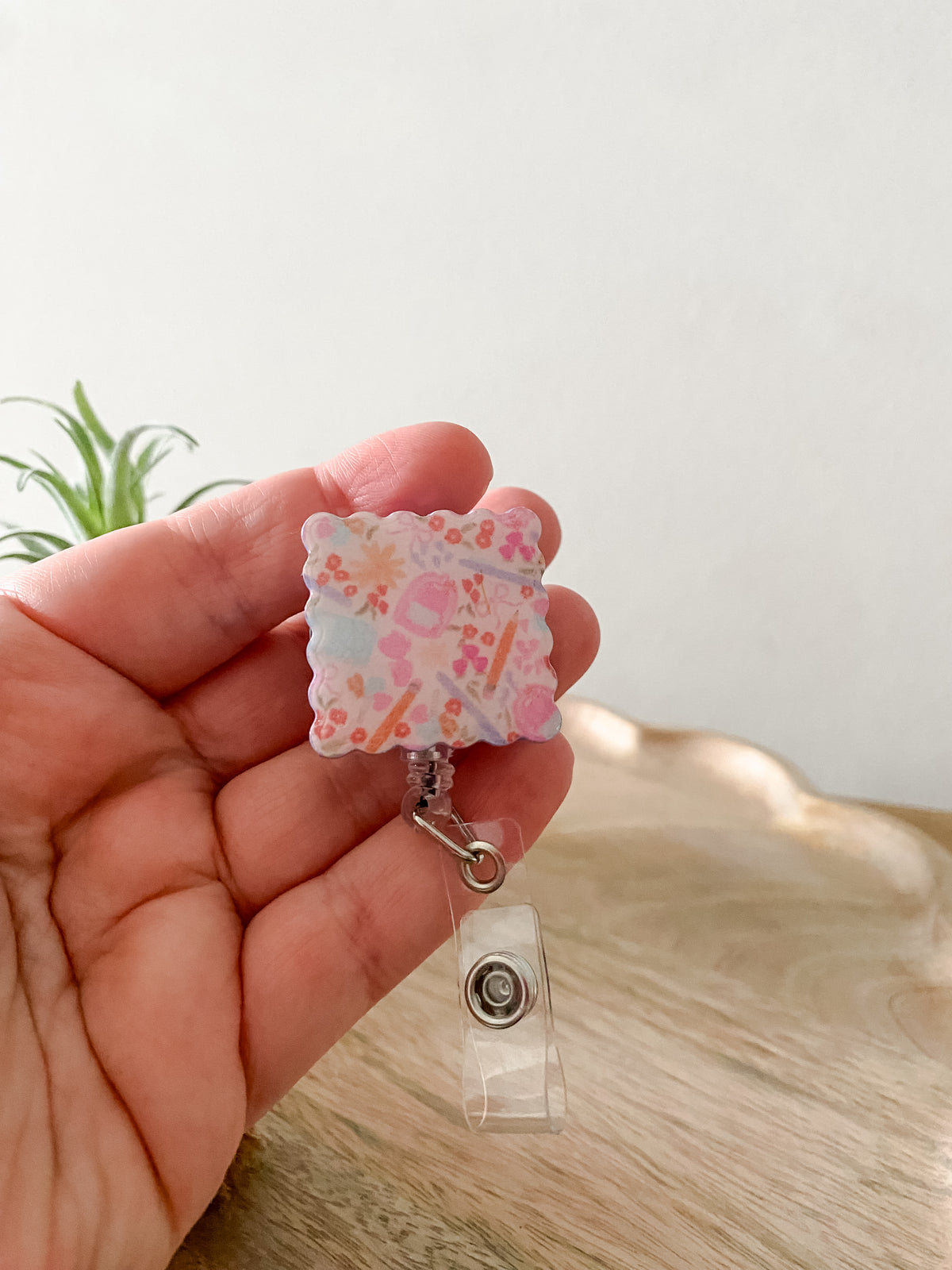 Soft pink back to school print handmade polymer clay badge reel
