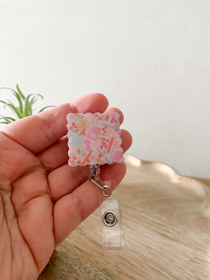 Soft pink back to school print handmade polymer clay badge reel