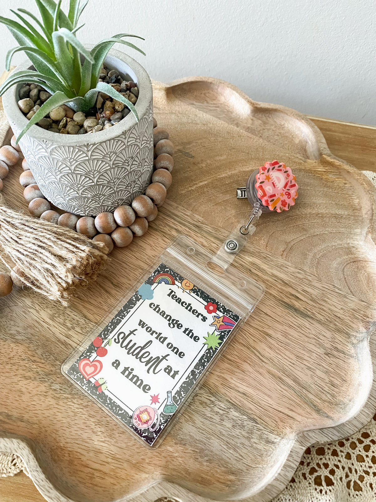 Pinkish back to school circle handmade polymer clay badge reel