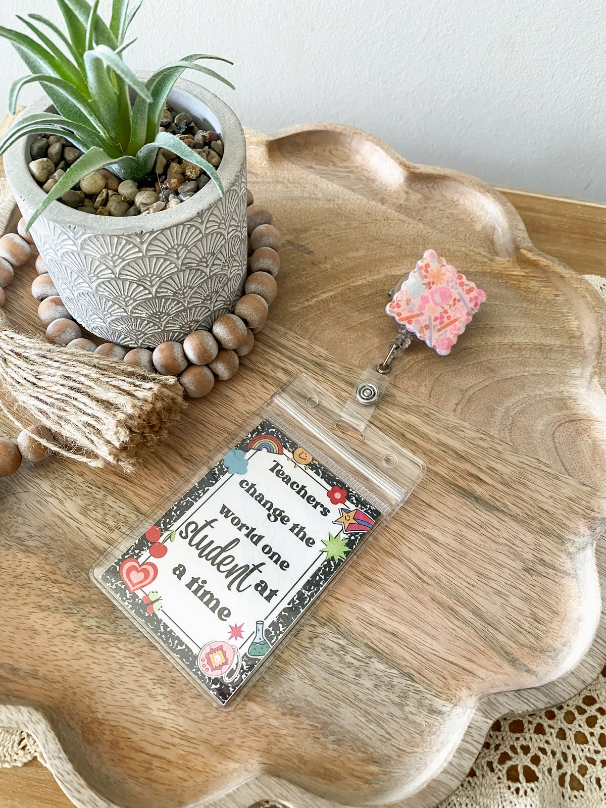 Soft pink back to school print handmade polymer clay badge reel