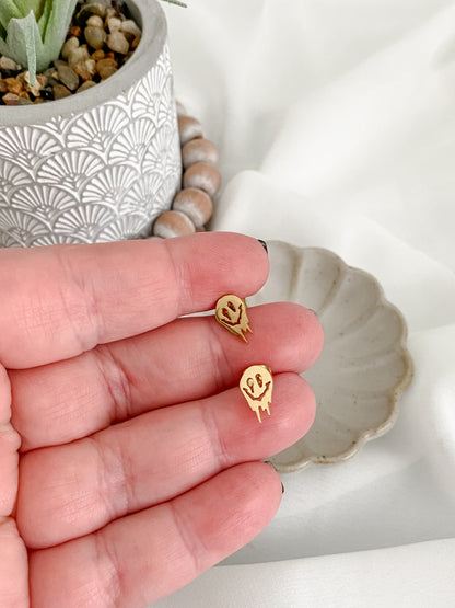 Gold stainless steel melted smiley face stud earrings