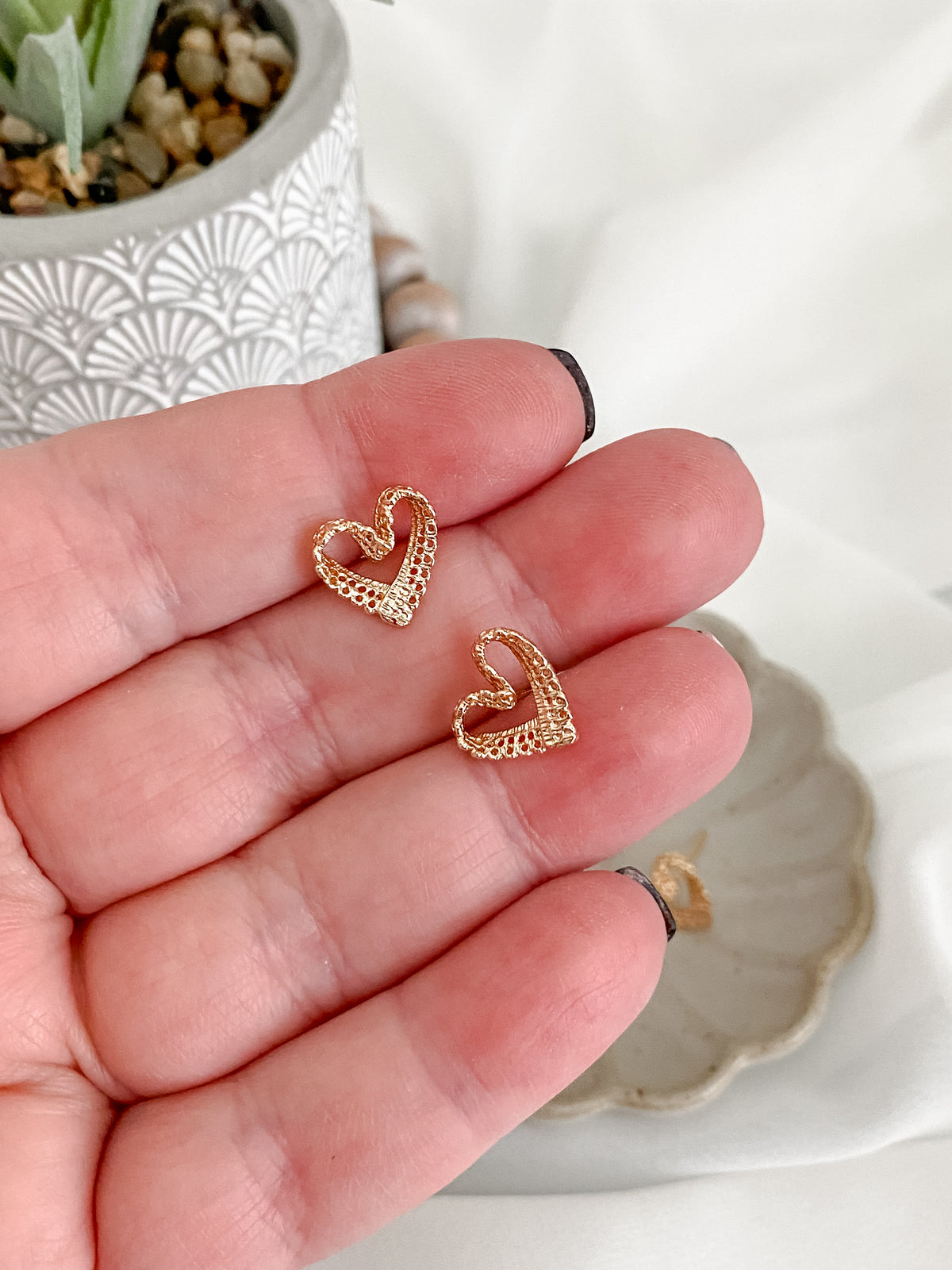 Gold Lace Heart Stud Earrings