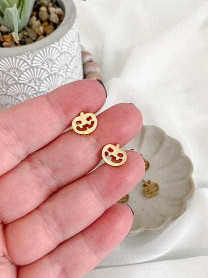 Gold stainless steel jack-o-lantern stud earrings
