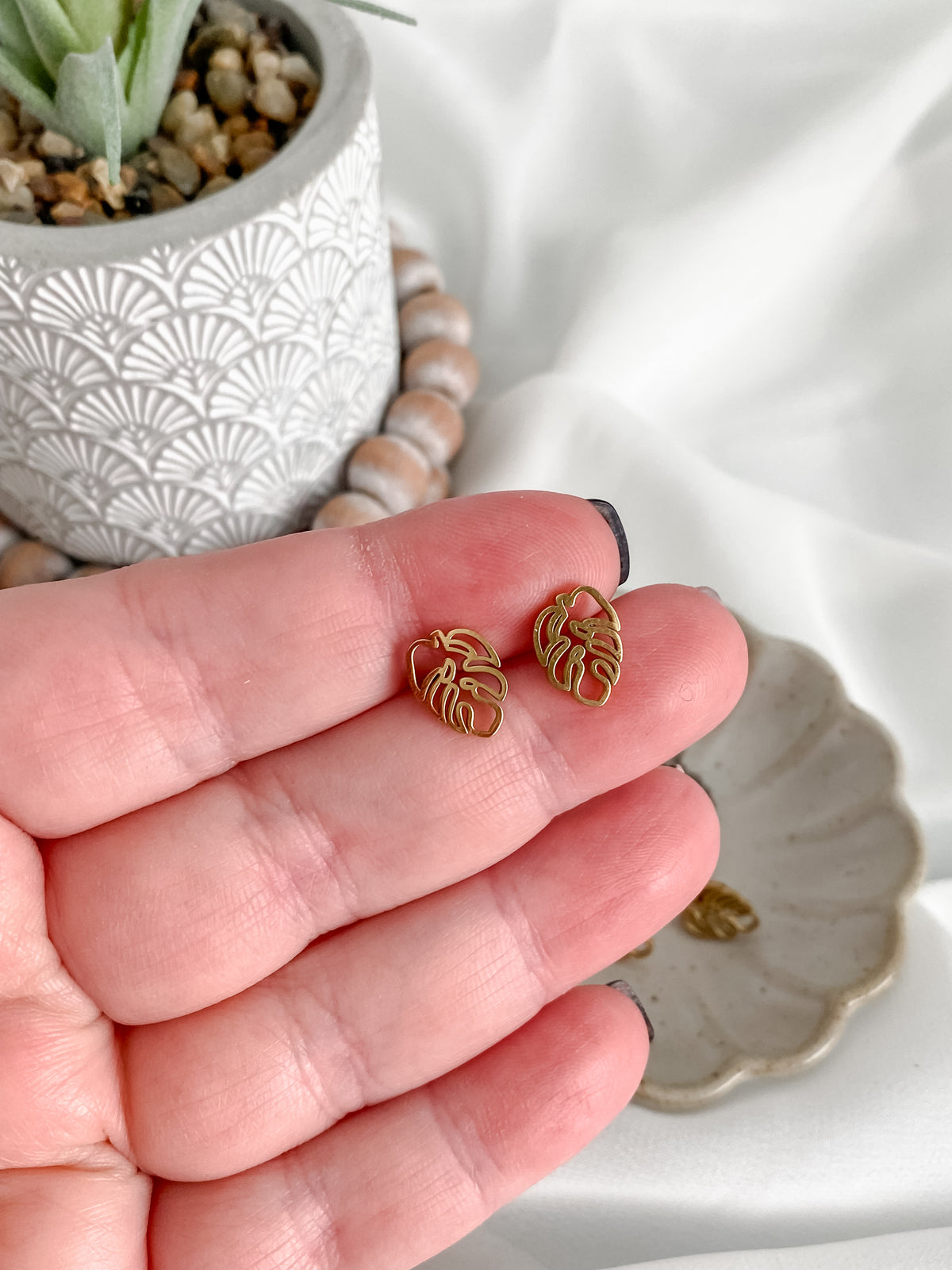 Mini Stainless Steel Monstera Earrings (Silver or Gold)