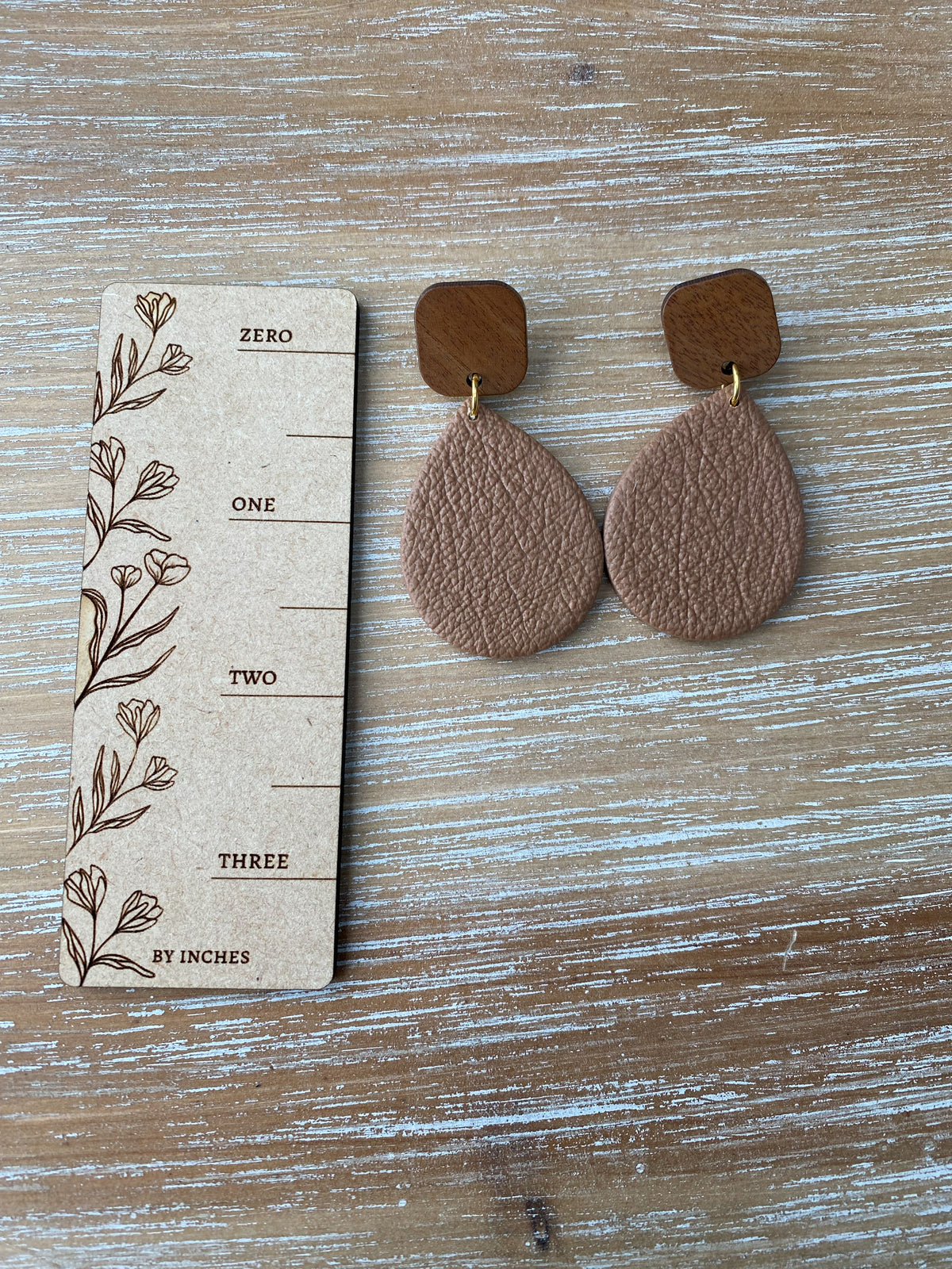 Brown faux leather texture teardrop earrings